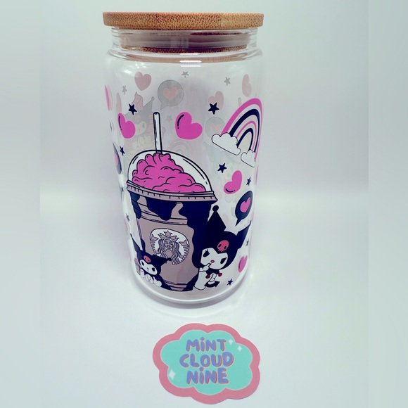 ❗️2/$22❗️CAN GLASS CUP BAMBOO LID & STAINLESS STEEL STRAW - STARBUCKS KUROMI - Picture 2 of 5